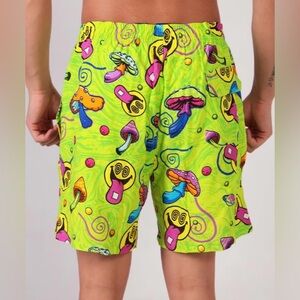Men's Neon Am I Tripping Shorts featuring a psychedelic mushroom and smiley face